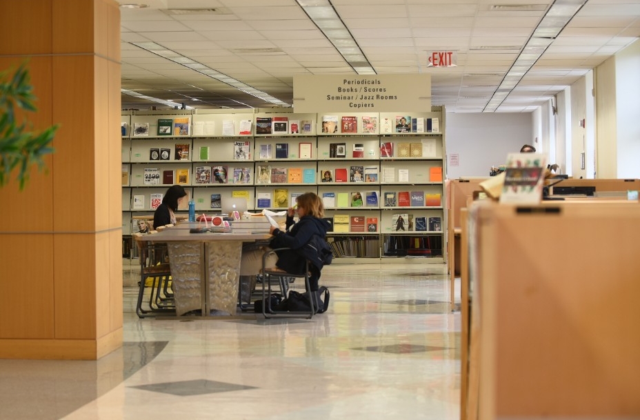 Music & Arts Library main floor Music & Arts Library main study space - a wide area with study carrels, tables, and natural light